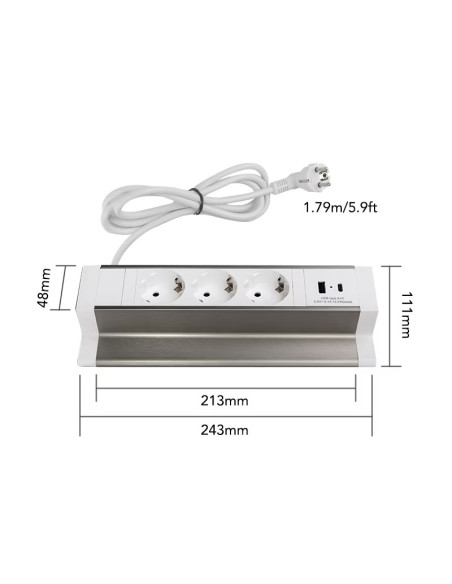 Prodesk Outlet - Размери на ел. разклонител с 3 контакта и 2 USB порта за ергономично регулируемо офис бюро