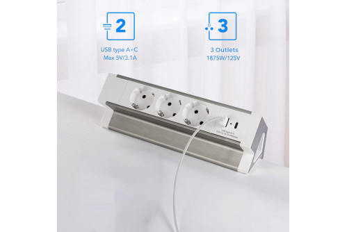 Prodesk Outlet - Ел. разклонител с USB-C порт за офис бюро