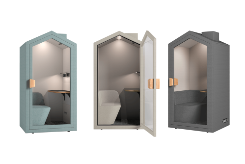 Три варианта на акустична кабина Cottage Pod: Скандинавско зелено, Пясък и Графит с отворена врата