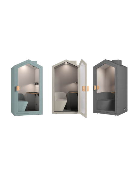 Три варианта на акустична кабина Cottage Pod: Скандинавско зелено, Пясък и Графит с отворена врата
