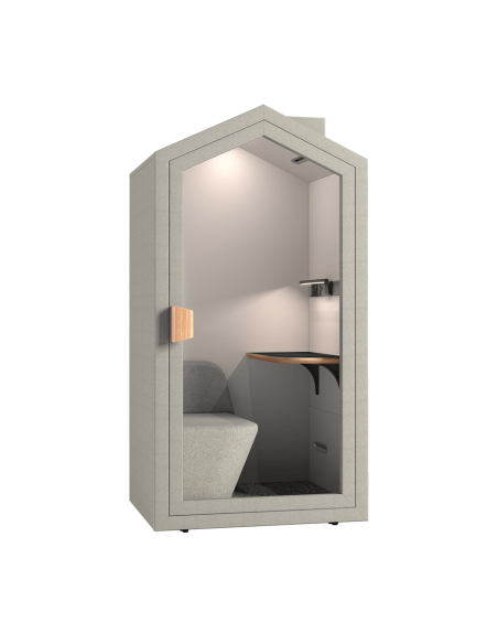 Акустична кабина за офис Cottage Pod в цвят Пясък с осветен интериор и работно бюро