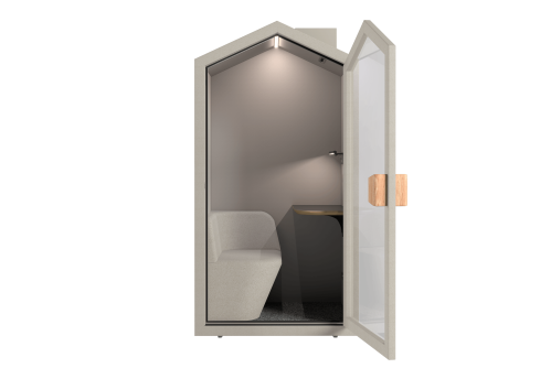 Акустична шумоизолираща кабина Cottage Pod в цвят Пясък с отворена врата и видим интериор
