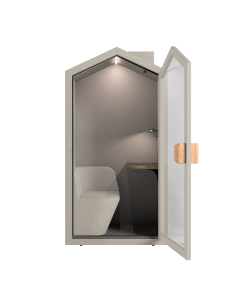 Акустична шумоизолираща кабина Cottage Pod в цвят Пясък с отворена врата и видим интериор