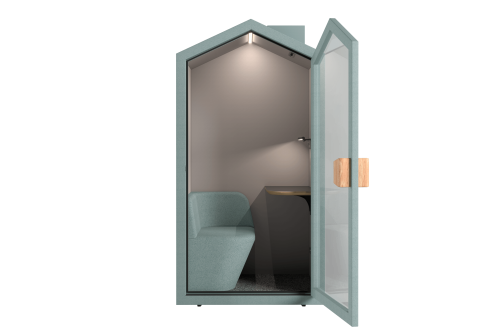 Акустична шумоизолираща кабина Cottage Pod в цвят скандинавско зелено с диван