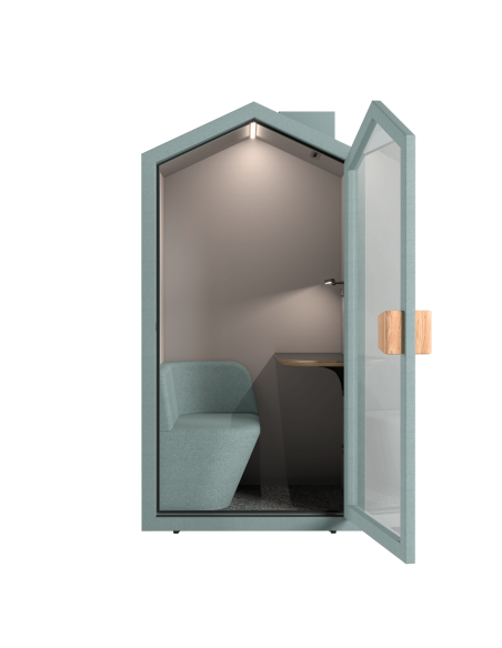 Акустична шумоизолираща кабина Cottage Pod в цвят скандинавско зелено с диван