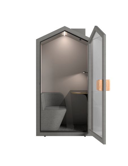 Интериор на акустична кабина Cottage Pod с вграден диван, регулируема работна маса и LED осветление 4000K