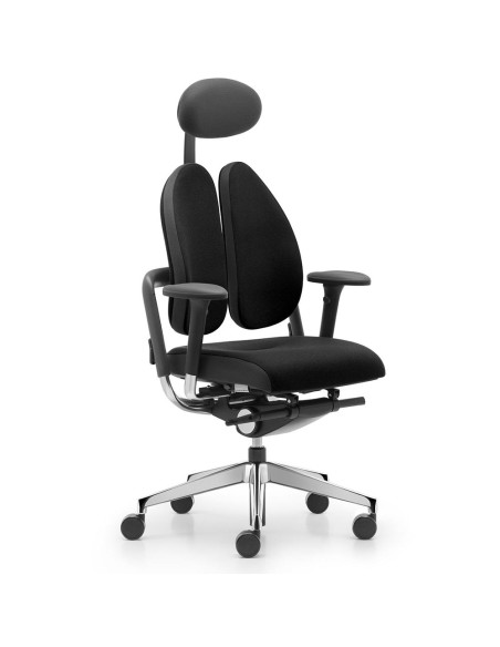 Ергономичен стол Nowy Styl Xenium Duo-Back с подглавник – изглед под ъгъл, черна тапицерия и 4D подлакътници