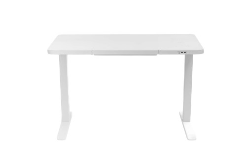 Бяло електрическо бюро Prodesk Elegance със стъклен плот 120×60 см – изглед отпред под ъгъл