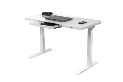 Стъклено офис бюро Prodesk Elegance с отворено чекмедже, лаптоп и аксесоари