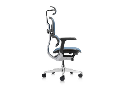 Офис стол Ergohuman Gen2 Elite, син меш – изглед отстрани с облегалка за глава