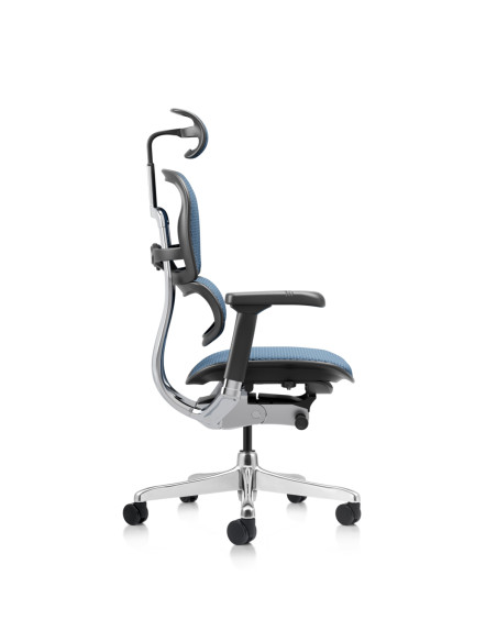 Офис стол Ergohuman Gen2 Elite, син меш – изглед отстрани с облегалка за глава
